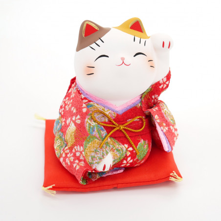 japanese ceramic manekineko lucky cat, KIMONO, red