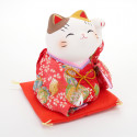 Gato manekineko japonés afortunado in ceramica, KIMONO, roja