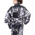 kimono yukata giapponese nero in seta, SHIBORIUME, iris e fiori di prugna