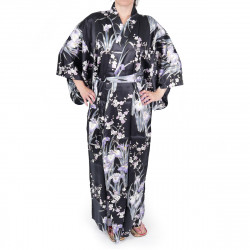 kimono yukata giapponese nero in seta, SHIBORIUME, iris e fiori di prugna