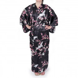 schwarzer japanischer Yukata Kimono in Seide, UMETSURU, Pflaumenblüten und Kraniche