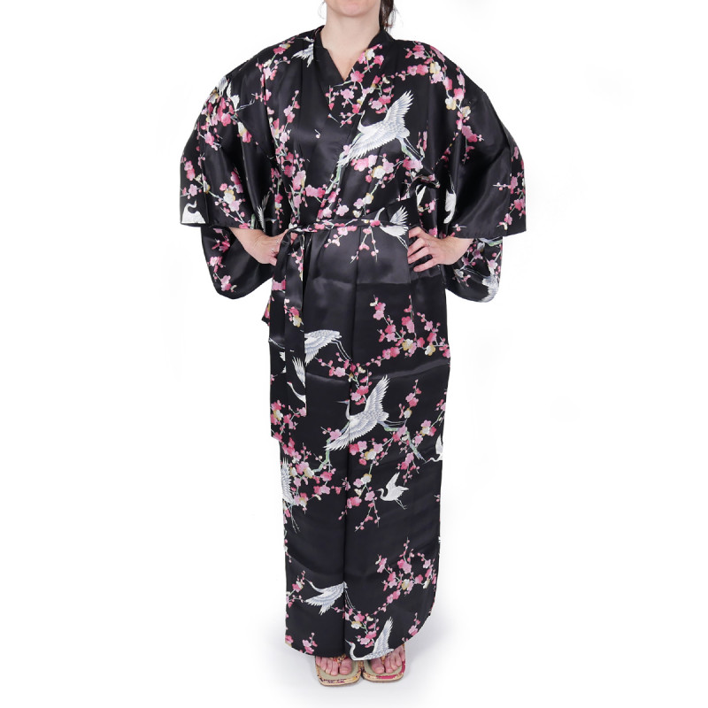 kimono yukata giapponese nero in seta, UMETSURU, fiori di pruno e gru