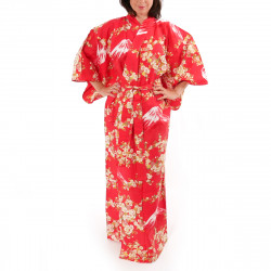 kimono giapponese yukata in cotone rosso, SAKURA FUJI, fiori di ciliegio sakura e monte fuji