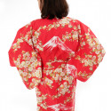 kimono giapponese yukata in cotone rosso, SAKURA FUJI, fiori di ciliegio sakura e monte fuji
