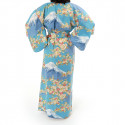 kimono yukata traditionnel japonais bleu en coton fleurs de cerisiers sakura sur mont fuji pour femme