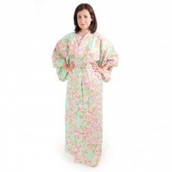 kimono yukata traditionnel japonais turquoise en coton fleurs de cerisiers sakura pour femme