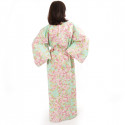 kimono giapponese yukata in cotone turchese, SAKURA, fiori di ciliegio