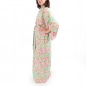 yukata japonés kimono turquesa algodón, SAKURA, flores de cerezo