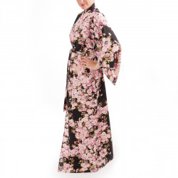 kimono yukata traditionnel japonais noir en coton fleurs de cerisiers sakura pour femme