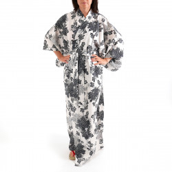 kimono yukata traditionnel japonais blanc en coton chrysanthèmes pour femme