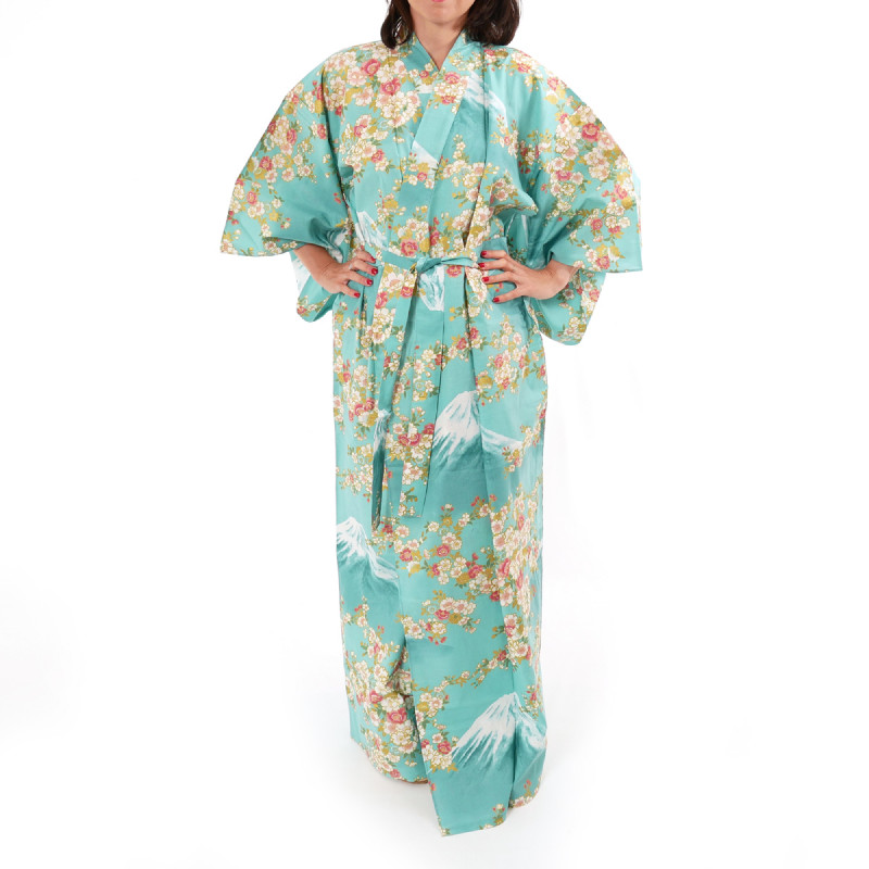 yukata japonés kimono turquesa algodón, SAKURA FUJI, Sakura flores de cerezo y monte fuji