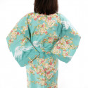 japanischer Yukata Kimono Türkis Baumwolle, SAKURA FUJI, Sakura-Kirschblüten und Fuji-Montierung