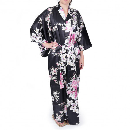 japanese black silk kimono yukata orchid for women