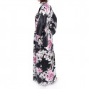 schwarzer japanischer Yukata Kimono in Seide, RAN, Orchideenblüten