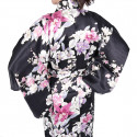 kimono yukata giapponese nero in seta, RAN, fiori di orchidea