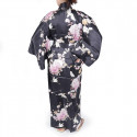 Kimono Yukata Japonés Negro En Seda, TSURU PEONY, grullas y flores de peonía