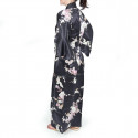 kimono yukata giapponese nero in seta, TSURU PEONY, gru e fiori di peonia