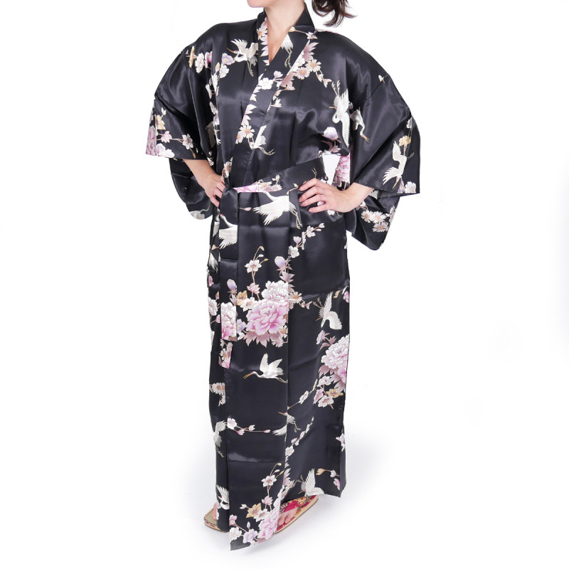 schwarzer japanischer Yukata Kimono in Seide, TSURU PEONY, Kraniche und Pfingstrosenblumen