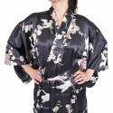 kimono yukata japonais noir en soie grues fleurs pivoine pour femme