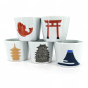 Set of 5 Japanese ceramic cups, symbols of Japan - NIPPON