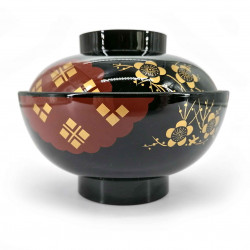 Harzsuppenschüssel mit Deckel, schwarz und rot, goldene Sakura-Muster - GORUDENPURAMU
