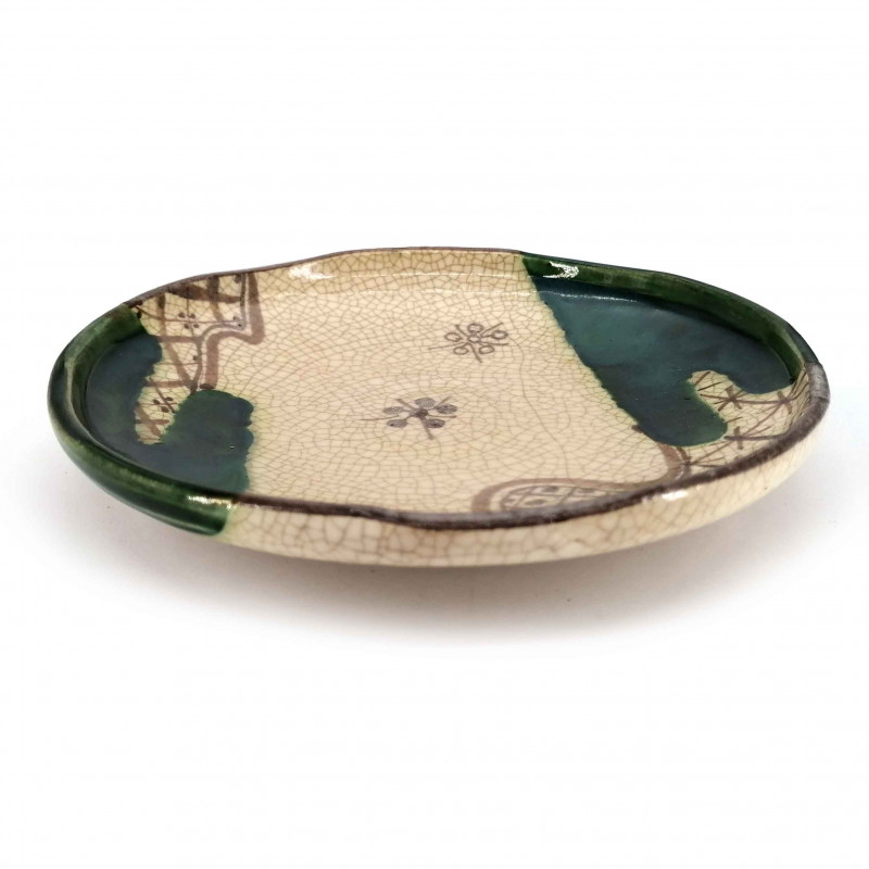Japanese round ceramic plate, beige and green - ORIBE