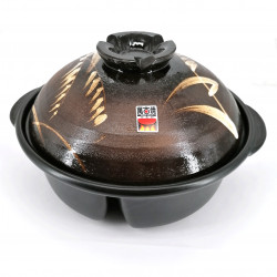 Donabe - clay pot with compartments, brown, reed pattern, ASHI