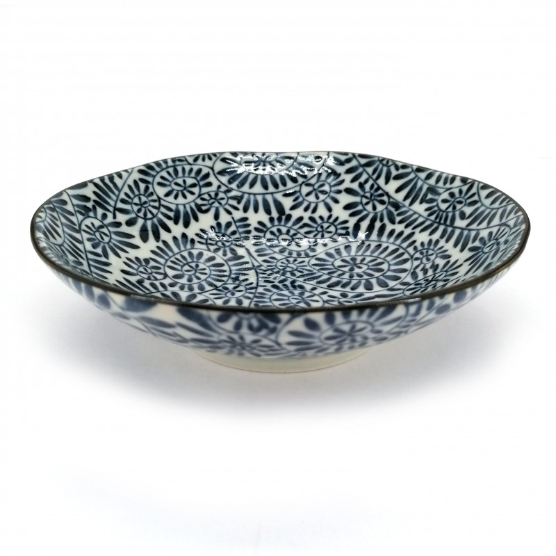 Japanese ceramic ramen bowl, blue and white, KARAKUSA