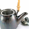 Japanese ceramic teapot, enamelled interior, removable filter, brown petroleum reflections, HANSHA