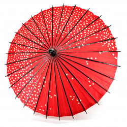 traditioneller roter japanischer sonnenschirm, WAGASA AKAI SAKURA, kirschblüten