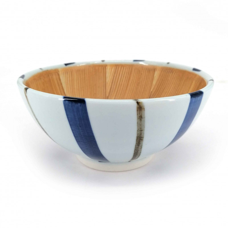 Japanese ceramic suribachi bowl, white with blue stripes, SUTORAIPU