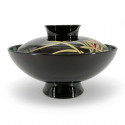 Soup bowl with lid, black, golden reeds, ASHI