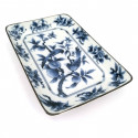 Plato rectangular japonés, blanco con dibujos de pájaros azules, TORI