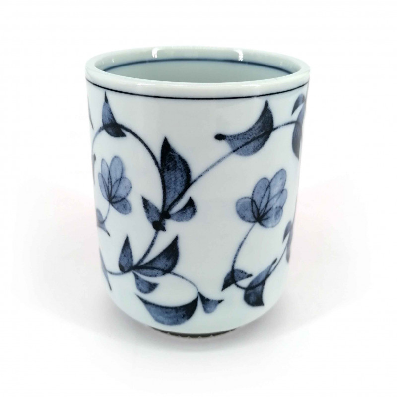 Japanese ceramic tea cup, white blue patterns, FURORAKU
