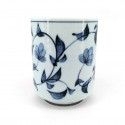 Japanese ceramic tea cup, white blue patterns, FURORAKU