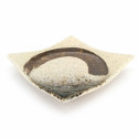 Kleine quadratische japanische Keramikplatte, beige, brauner Pinselstrich - MIGAKIMASU