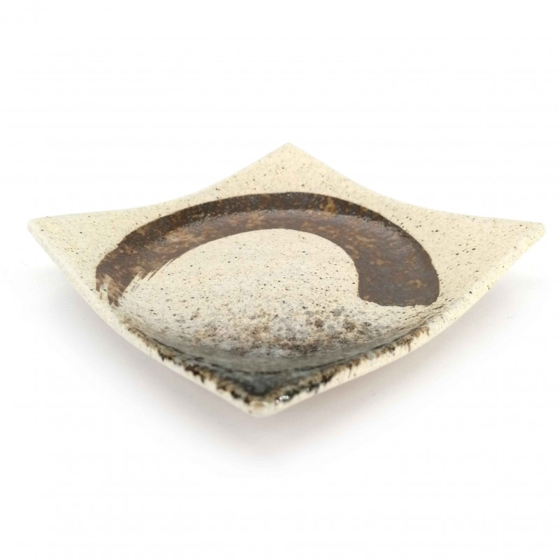 Petite assiette carrée japonaise en céramique, beige, coup de pinceau marron - MIGAKIMASU