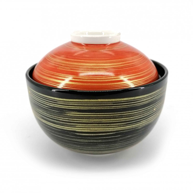 Ciotola di riso in ceramica giapponese con coperchio, nero, rosso e oro, HOSOI SEN
