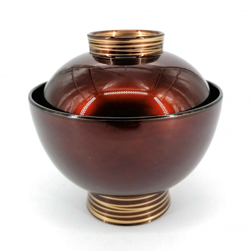 Soup bowl with lid, burgundy red and golden lines, KIN'IRO NO SEN
