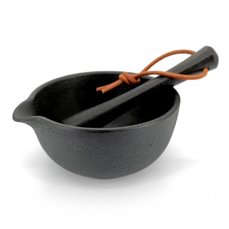 Japanese suribachi cast iron bowl with pestle - KURO - black