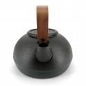 Japanese cast iron kettle with brown wooden handle, MOKUSEI HANDORU, black