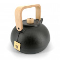 Japanese cast iron kettle with light wood handle, MOKUSEI HANDORU, black