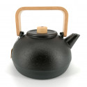 Japanese cast iron kettle with light wood handle, MOKUSEI HANDORU, black