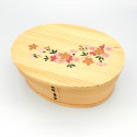 Japanese oval bento lunch box in cedar wood with lacquered cherry blossom pattern, MAKIE SAKURA