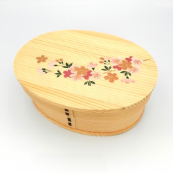 Boîte à repas Bento japonaise ovale en bois de cèdre motif fleur de cerisier laqué, MAKIE SAKURA