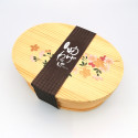 Fiambrera bento japonesa ovalada en madera de cedro con dibujo de flor de cerezo lacado, MAKIE SAKURA