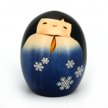 Blue japanese kokeshi doll with snow fairy pattern, YUKI NO SEI