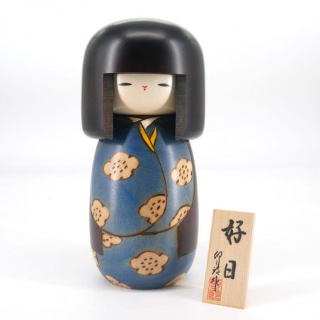 Muñeca japonesa kokeshi azul patrón de buenos días, KOJITSU