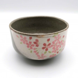 Cuenco de té de cerámica japonesa, SAKURA, gris y rosa