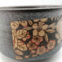Japanese ceramic tea bowl, KURO FURURU, black and flowers